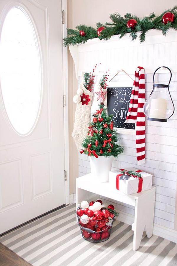 Foyer decorated for Christmas with classic colors