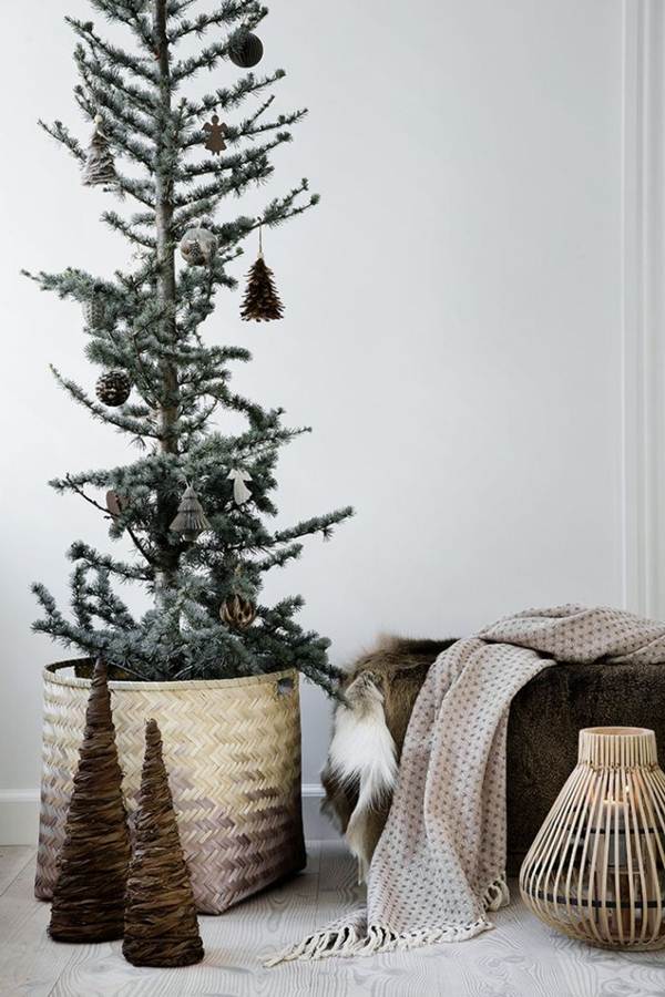 Christmas tree in wicker basket