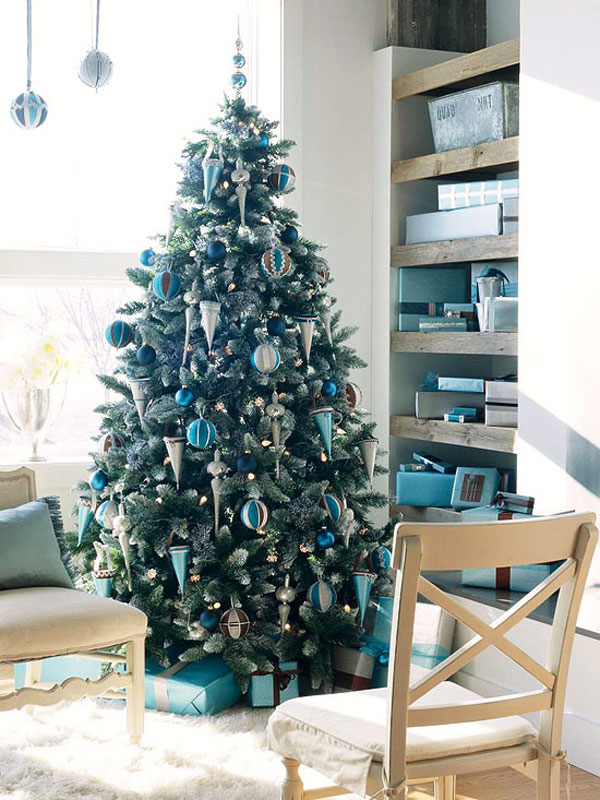 Christmas tree decorated in blue