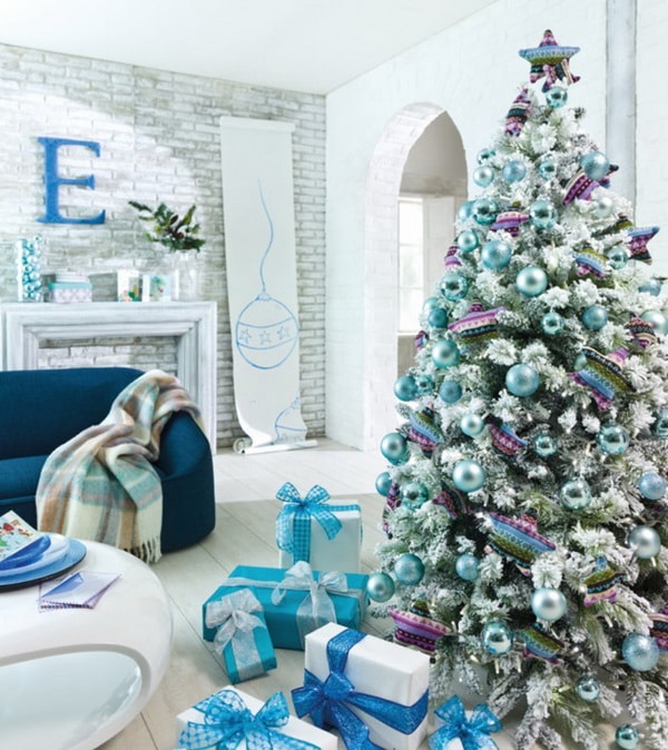 Christmas tree decorated in turquoise