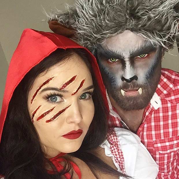   couple costume with special big wolf makeup and little hood