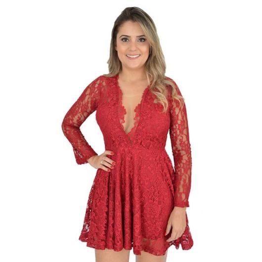   Lace party dress: Red short with neckline