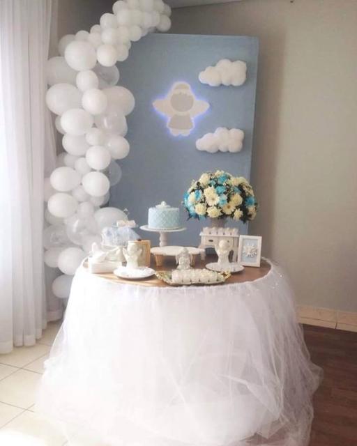 Christening decoration: Blue and white with angel