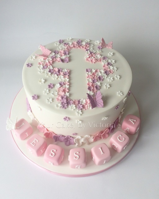 Christening decoration: pink and white cake