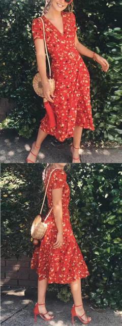 Midi party dress: Red with flowers