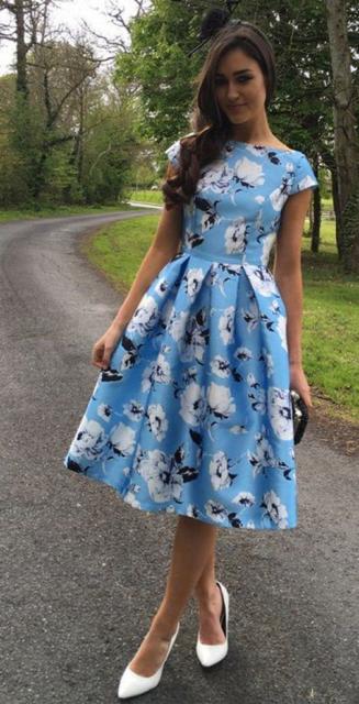 Midi party dress: Blue with flowers
