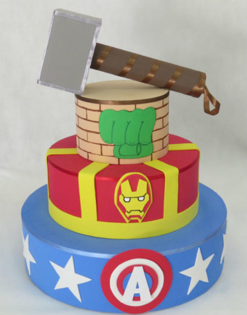 Avengers scenario cake with Thor's hammer