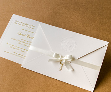 White wedding invitation envelope with bow