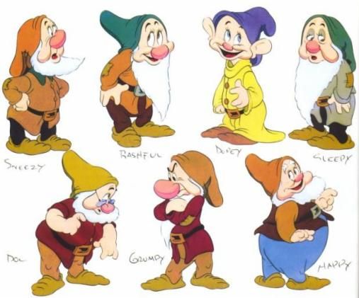 Image with drawing of the seven dwarfs from the film Snow White.