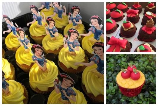 Montage with three types of princesses cupcakes inspired by Snow White.