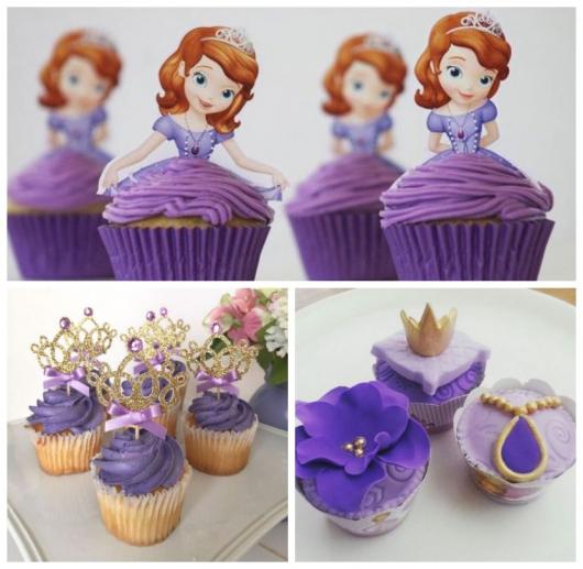 Montage with three types of princess Sofia cupcakes.