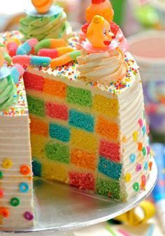 Colorful plaid cake with whipped cream