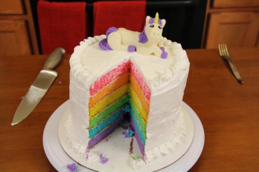 Colorful unicorn cake with unicorn on top