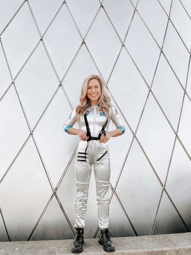 female astronaut costume with silver overalls