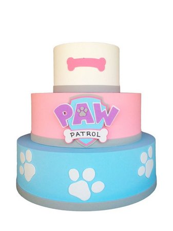 blue and pink scenographic cake for Paw Patrol party