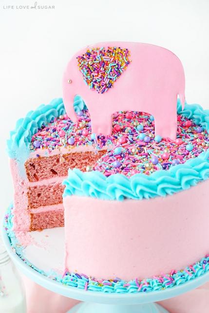 Pink and blue cake tip with colorful confetti