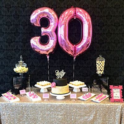 Pink number balloons in black and gold decoration