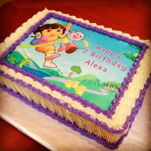 Adventurous Dora cake with whipped cream and rice paper.
