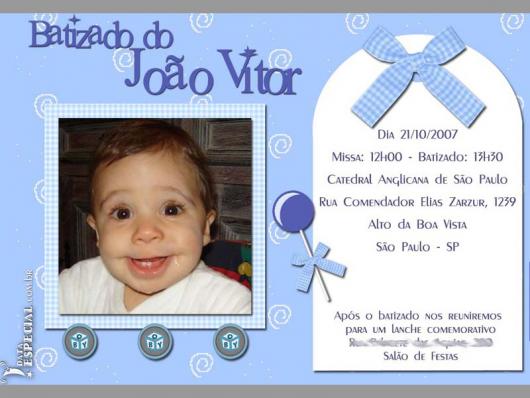 Christening invitation with photo and blue background with bow