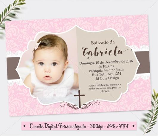 Christening invitation with photo and pink background with flowers 