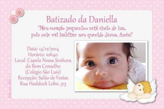 Christening invitation with photo and pink background with white polka dots