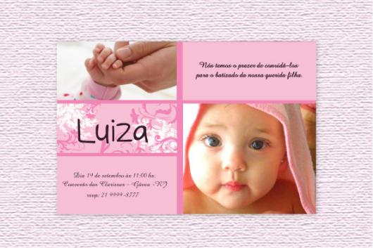 Christening invitation with photo and pink background with phrase