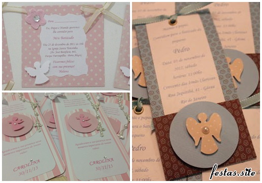 Pink and white scrap christening invitation with bow