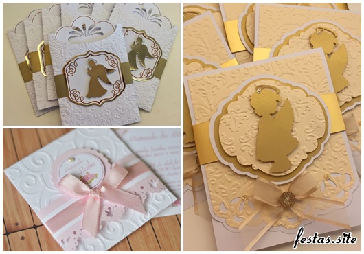 White and gold christening invitation with angel applique