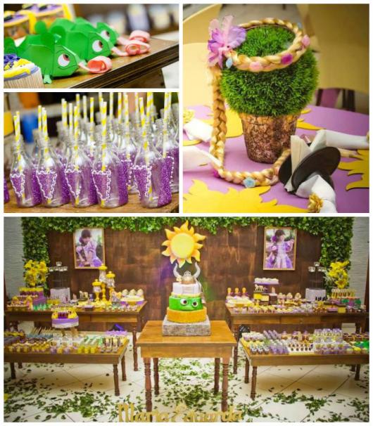 Rapunzel Baby Party decorated with rustic furniture and rapunzel party kit