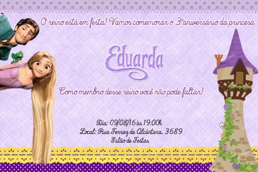 Rapunzel party invitation card lilac with detail of Rapunzel with the prince