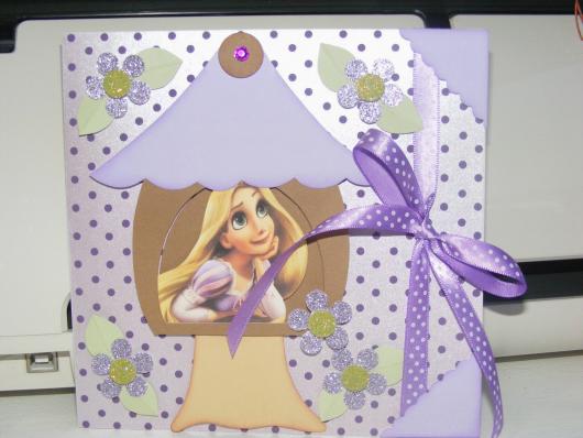 Rapunzel party scrap invitation with purple ribbon bow detail