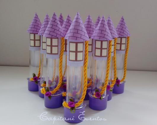 Rapunzel party favor box in the shape of a castle tower