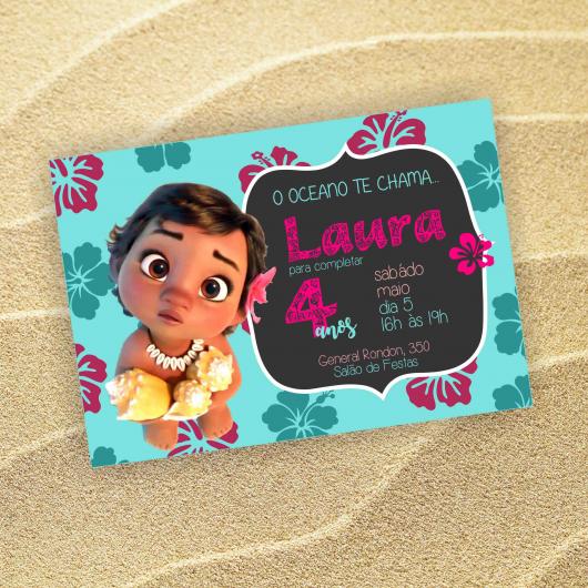 Moana invitation with highlighted character on blue flowery background