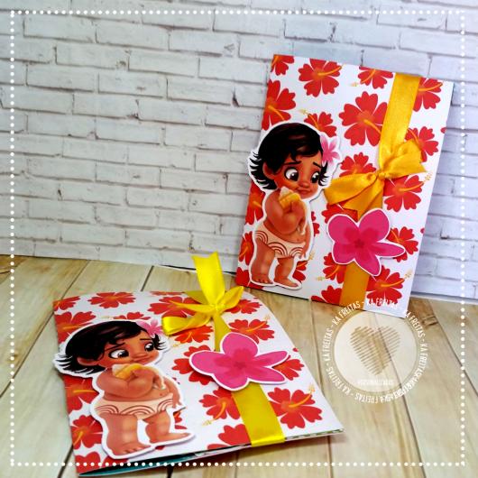 Orange and white flowery scrapbook Moana invitation with 3D applique and yellow ribbon bow