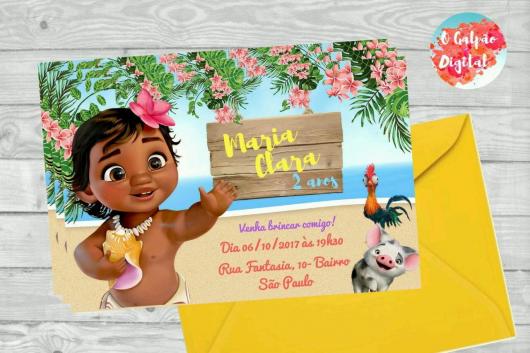 Baby Moana invitation with yellow card and flower border