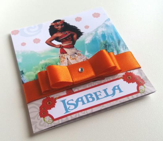 Moana scrap invitation with orange ribbon bow and plaque detail with the birthday girl's name