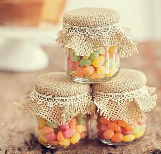 Glass jars for souvenirs with sweets.