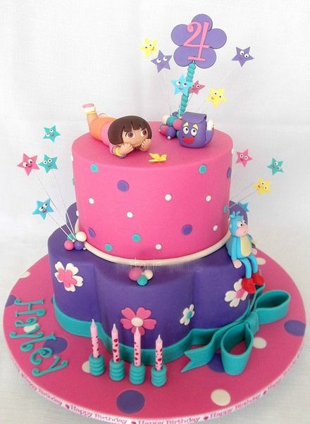 Pink and purple adventurous Dora cake.