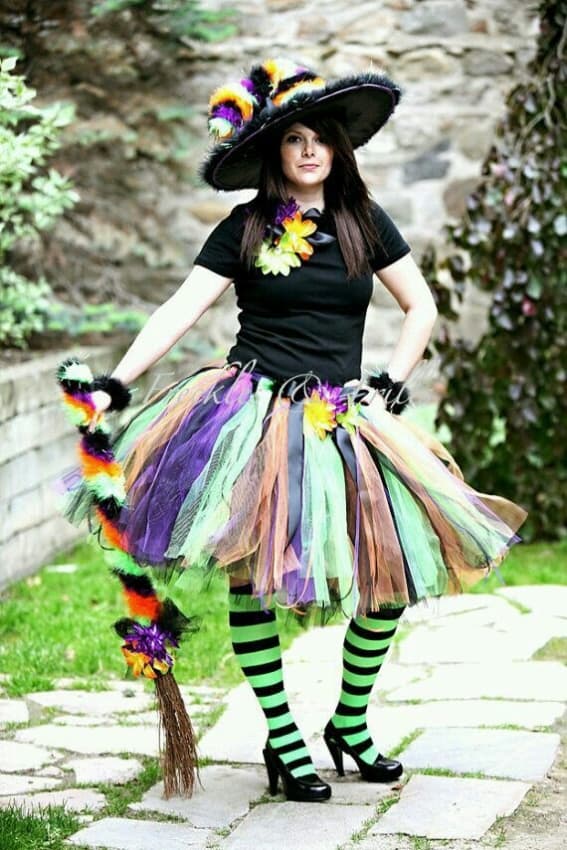 Colorful and fun witch costume with tulle and striped tights
