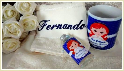 Souvenirs for christening godparents kit with personalized cup, washcloth with name and holy water