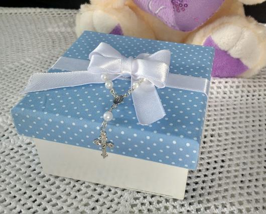 Favors for christening godparents small box in blue MDF with rosary