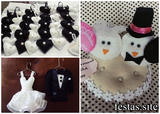Felt party favors to give at the wedding mini dress, mini suit and black and white hearts