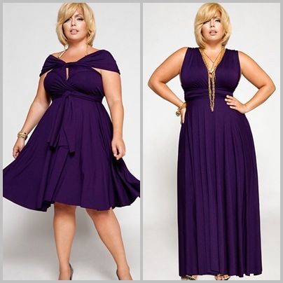 Models wear short and long dresses in the same color (dark purple).