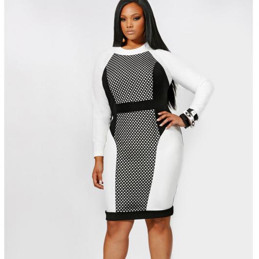 Model wears white, gray and black long sleeve dress.