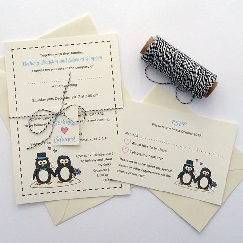 Engagement Invitations Simple white illustrated with Penguins 