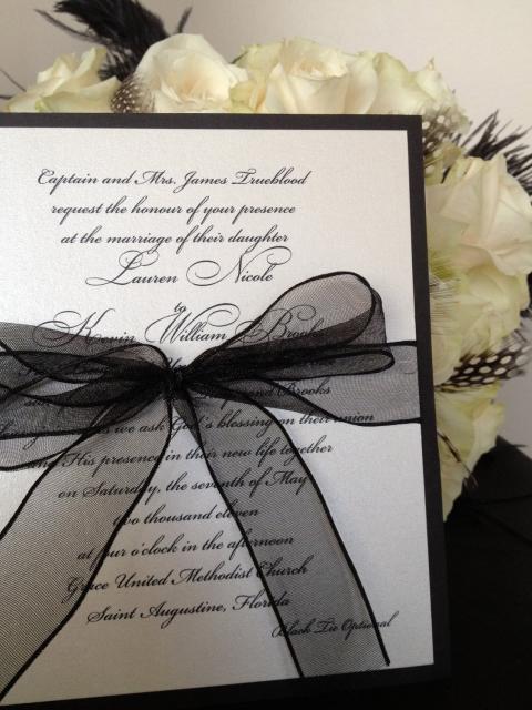 black and white wedding invitations with satin ribbon