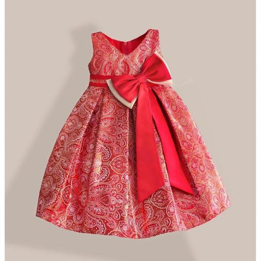 Red children's dress with print and bow