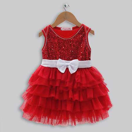 Red dress with ruffle and white bow