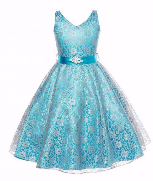 Children's blue prom dress with white lace