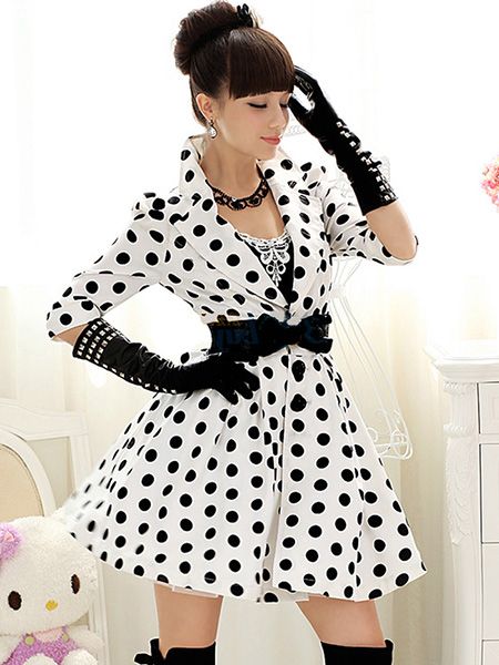 white with black polka dot dress and classic combination gloves